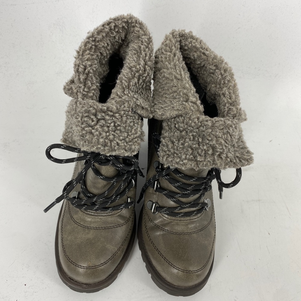 MUDD Ridge Grey Fur Trim Chunky Heel Lug Sole Ankle Boots